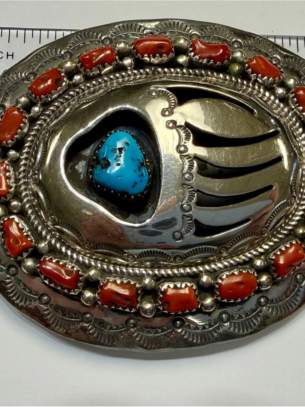 Wilbur Musket Sterling Silver Bear Paw Belt Buckle with Turquoise & Coral Accent